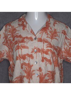 Jamaica Bay Linen Button-Up Shirt XL Palm Tree Print Tropical Top Beige & Orange
